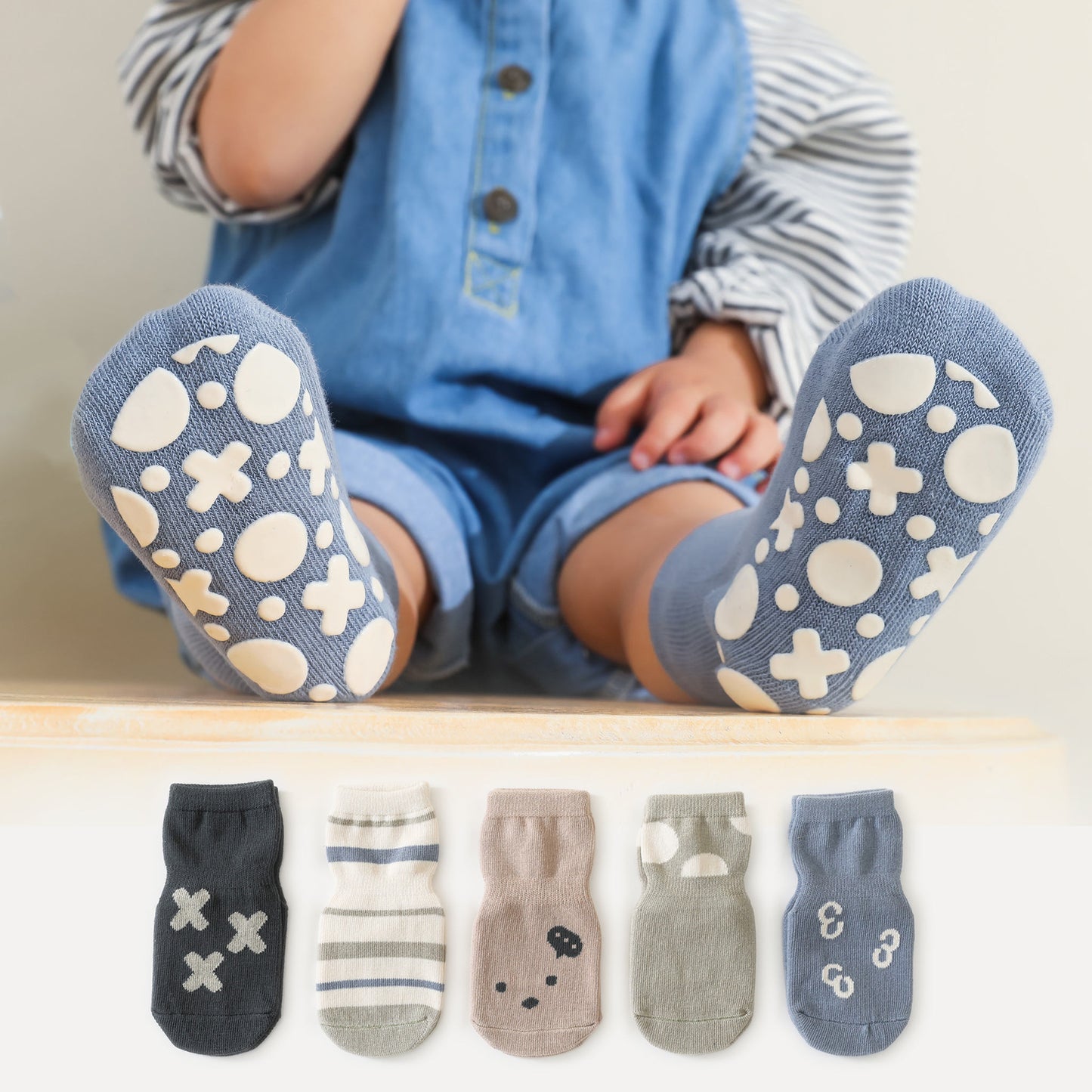 Tic Tac Toe - 5 Pairs of Stay-On Baby & Toddler Non-Slip Socks